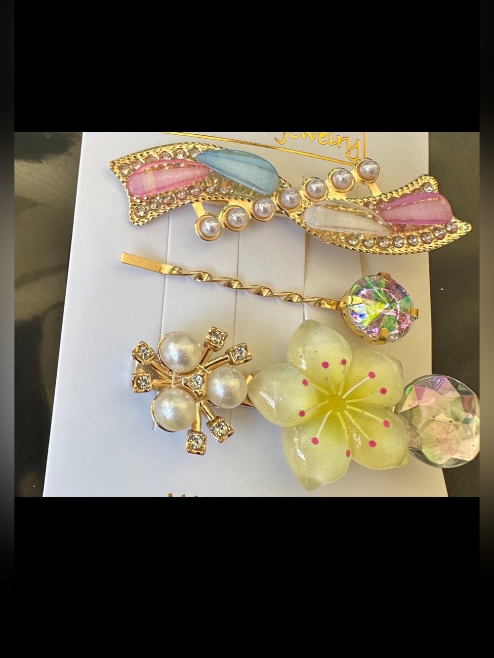 Gold-Tone Floral & Pearl Hair Clip Set - Pink, Blue, Yellow